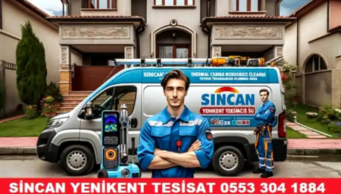Profesyonel Yenikent tesisatçı, Sincan Yenikent Su Tesisatçısı yazılı servis aracının önünde duruyor, modern tesisat araçları ile Yenikent bölgesinde güvenilir hizmet sunuyor.