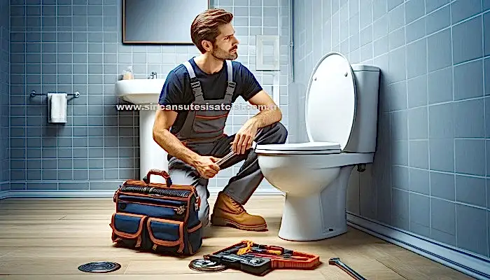 Yenikent'te profesyonel tesisatçı, banyoda klozet tamiri yapıyor.